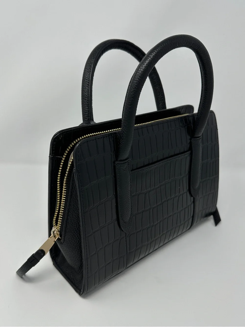 RADLEY LONDON Black Croc-Embossed Leather Satchel with Gold Hardware